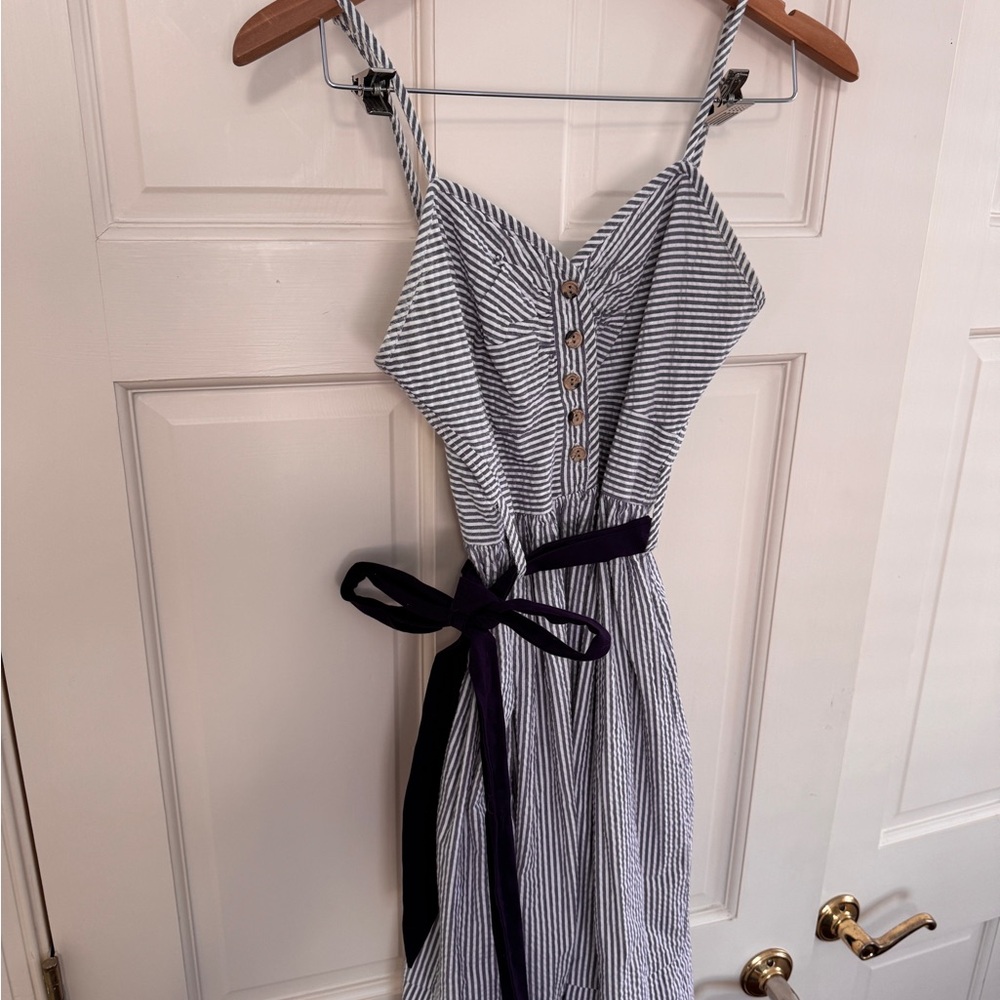 Adorable Classic Blue and White Seersucker Dress with Deep Purple Belt